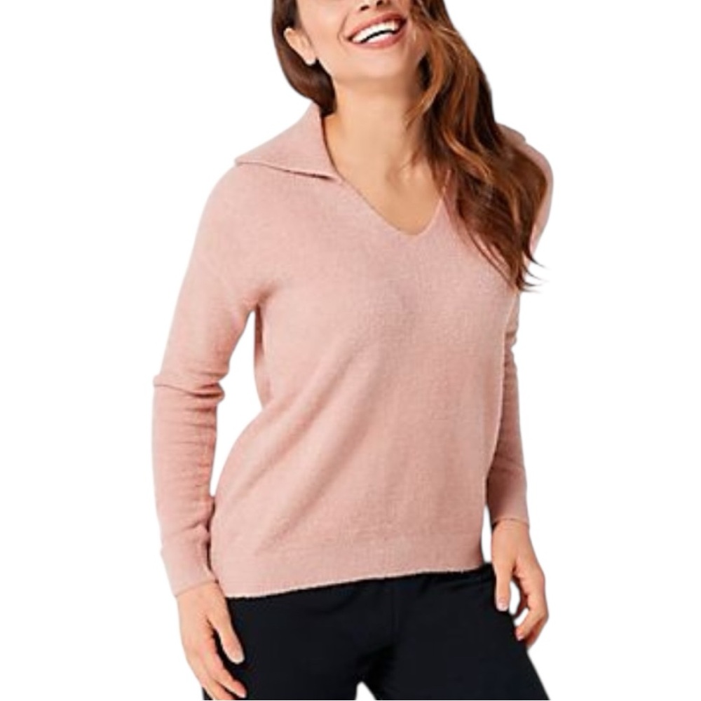 Barefoot Dreams CozyChic Lite Ribbed Collar Pullover In Rose Mist. Size 2X. - Picture 7 of 10